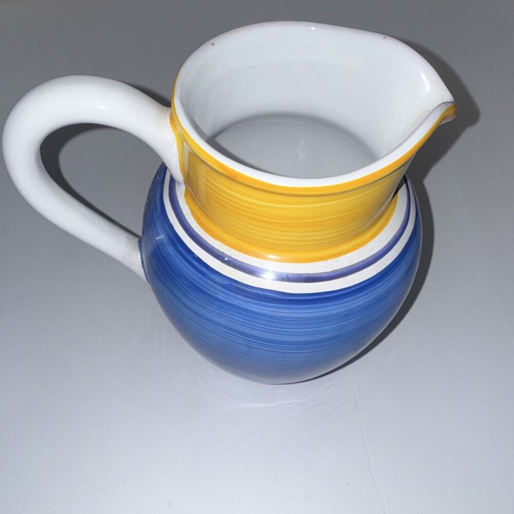 Dansk Stoneware Creamer, Striped Blue Yellow White, Portugal, DW/MW Safe